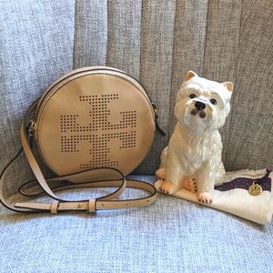 Tory Burch beige perforated logo round crossbody bag